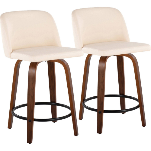 Toriano 24" Swivel Counter Stool in Walnut Wood & Cream Leatherette with Black Footrest (Set of 2)
